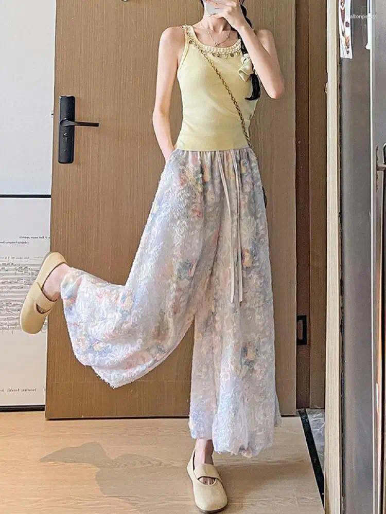 Women's Pants Women Spring Summer Pink Blue Floral Drawstring Lace-up Wide Leg 2025 French High Waist Loose Ankle-length Trousers Boho