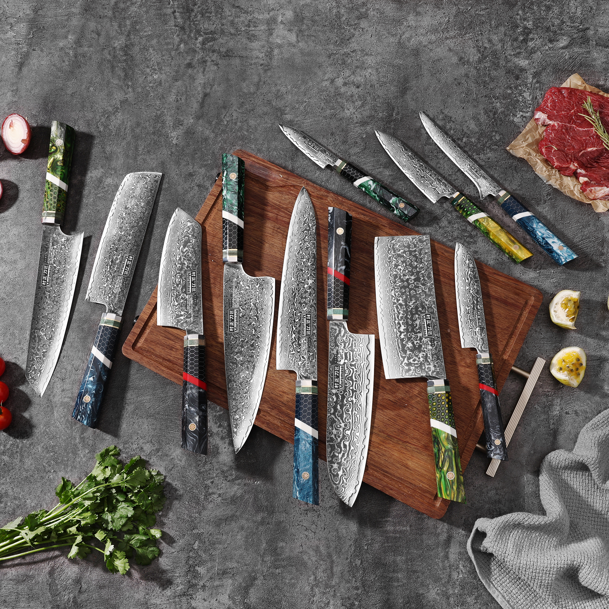 316L Damascus steel +VG-10 steel core kitchen knife set, sharp kitchen knives, slicing knives, Japanese chef knives-image-1070135991
