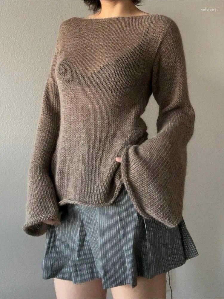 Women's Sweaters Elegant Long-sleeved O-neck Knitted Top Women Fashion Solid Color Autumn Temperament Flared Sleeves Sexy Lace-up Sweater