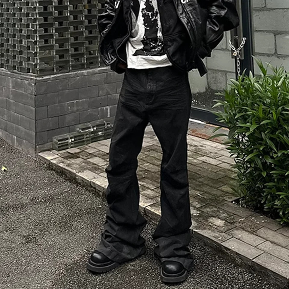 Streetwear Black Glue Coated Boot Cut for Men and Women Straight Baggy Casual Flare Pants Oversized Loose Denim Trousers 250801