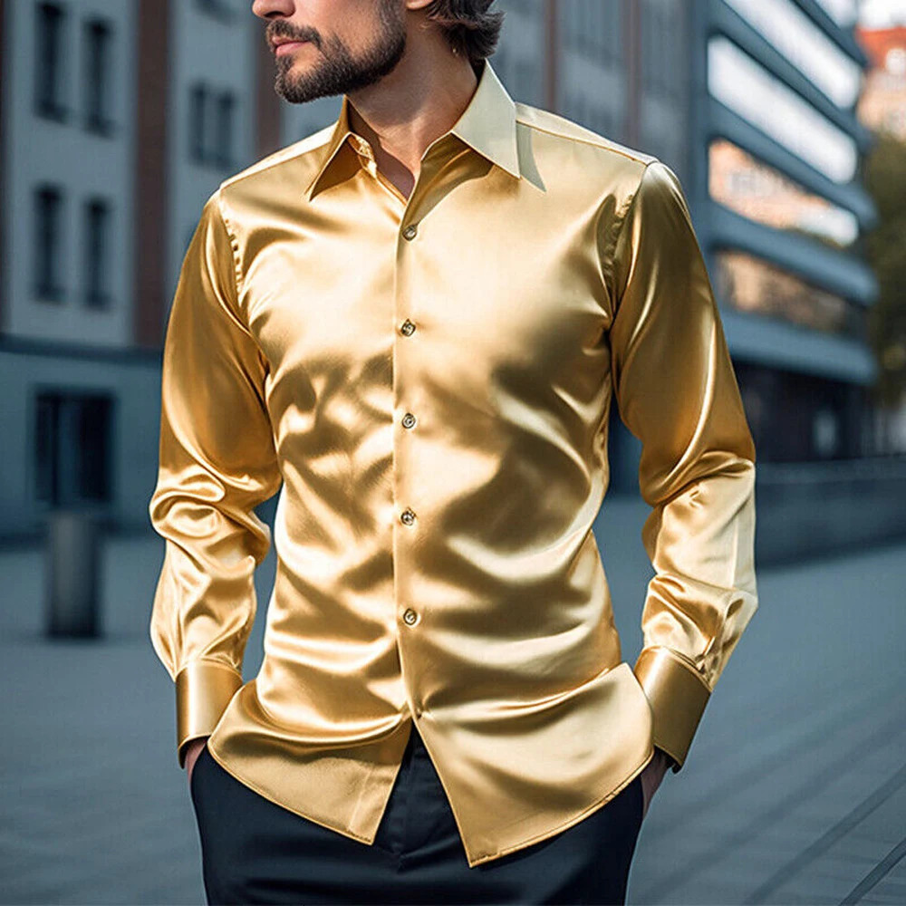 Mens Casual Satin Shirt Fashion Solid Color Lapel Button Wedding Party Tuxedo Business Shirt Slim Long Sleeve Shirt 250804