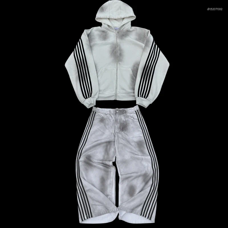 Mens Tracksuits Men Suit American Street Style Gothic Line Embroidered Zip Up Hoodie Cotton Dirty Watermark Jeans Fashionable Couple