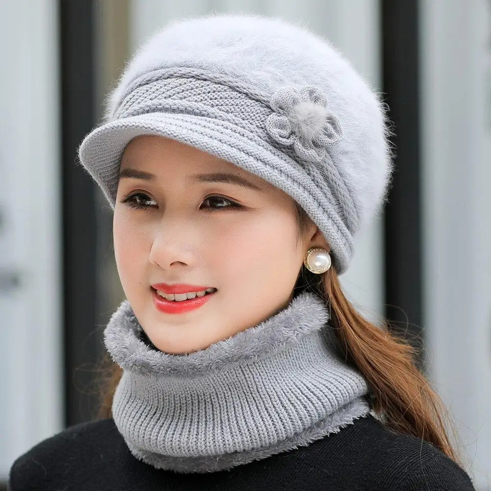 Women Winter Hat Keep Warm Cap Add Fur Lined Hat Scarf Warm Set Fashion Hat For Women Casual Faux Fur Flower Knitted Hat 250818