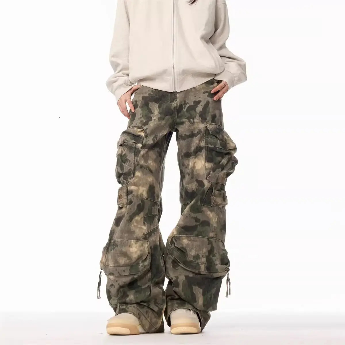 American retro camouflage work pants mens trendy high street straight tube loose casual multi pocket wide leg paratrooper 250801