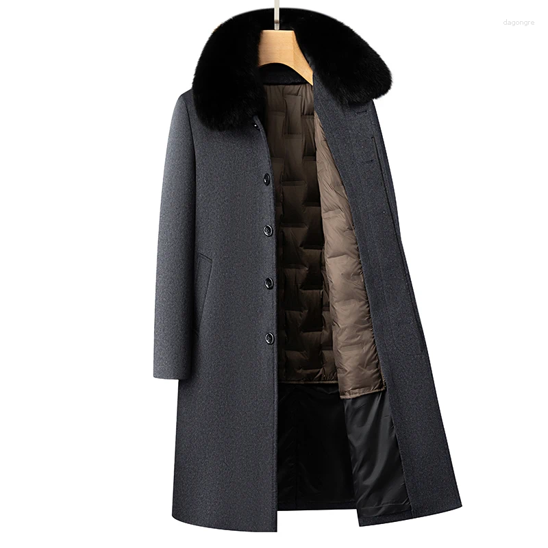 Men's Wool Casual Warm Long-Length Woolen Coat Detachable Duck Down Liner Thicken Windbreaker Puffer Jacket 2025 Winter Overcoat