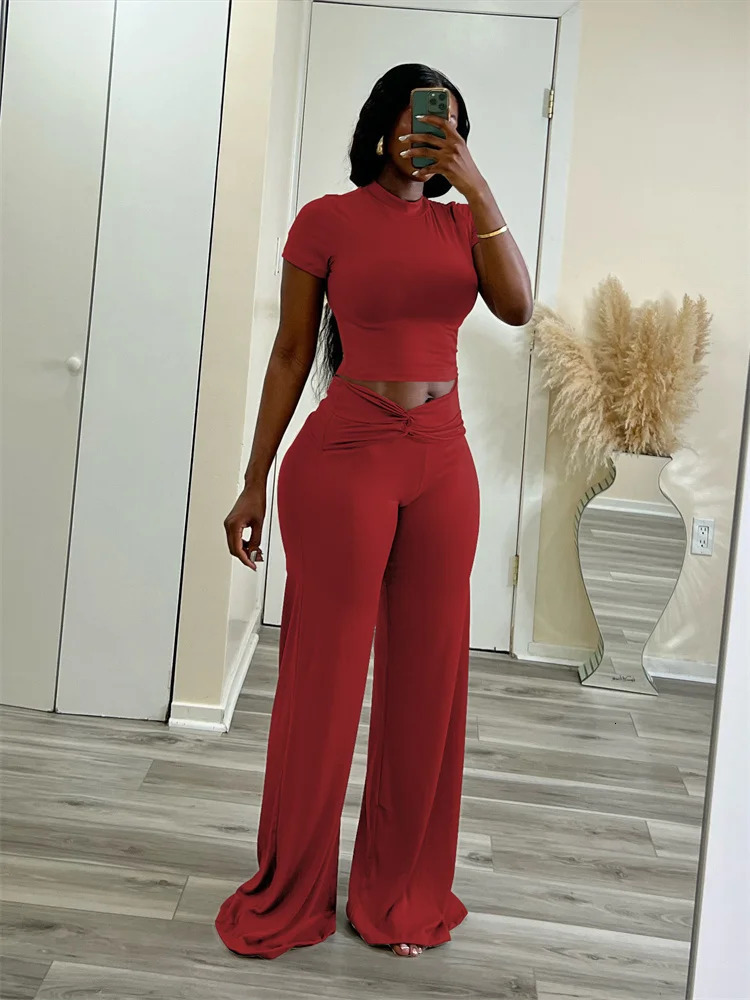 Casual Womens Sets Short SLeeve Crop Tops and Ruched Pants Streetwear Soild Two 2 Piece Sets High Quality Outfits 250801