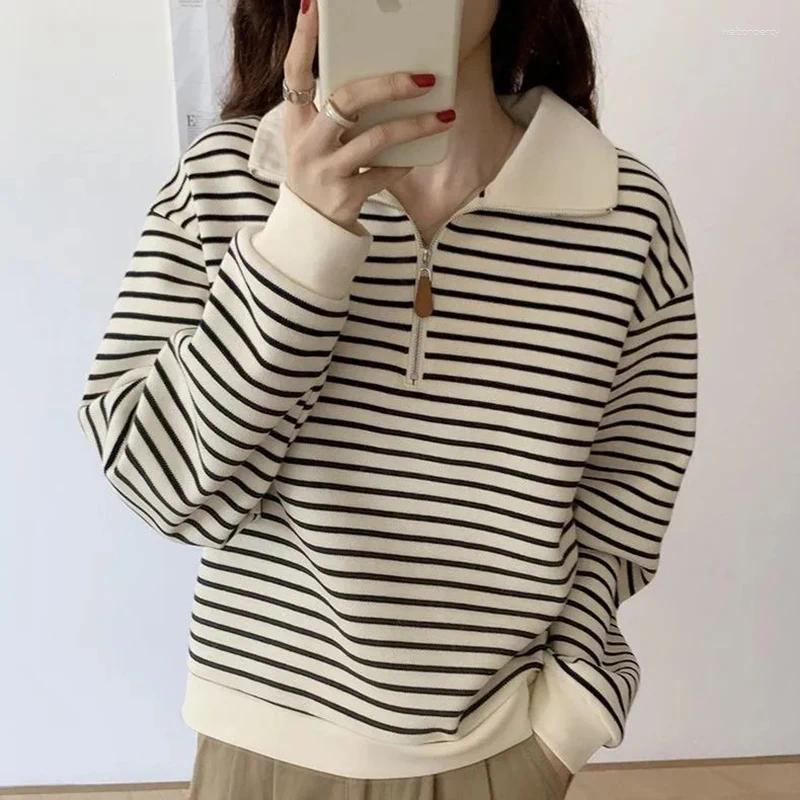 Women's Hoodies Striped Long Sleeve Sweatshirt Women Autumn Winter Lapels Casual Crop Pullover Korean Loose Streetwear All Match Hoodie