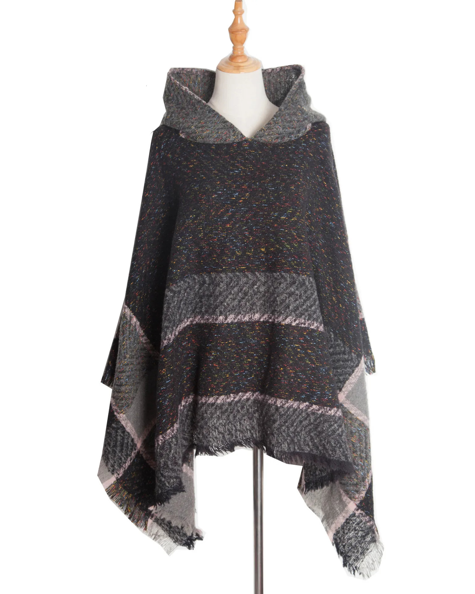Autumn Winter Fishbone Pattern Womens Hooded Cape Pullover Women Poncho Lady Capes Black Cloaks 250807