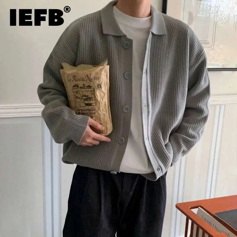 IEFB Korean Style Mens Knit Cardigan Coat Solid Color turn-down collar Autumn Sweater Fashion Casual single breasted top 9C2393 250804