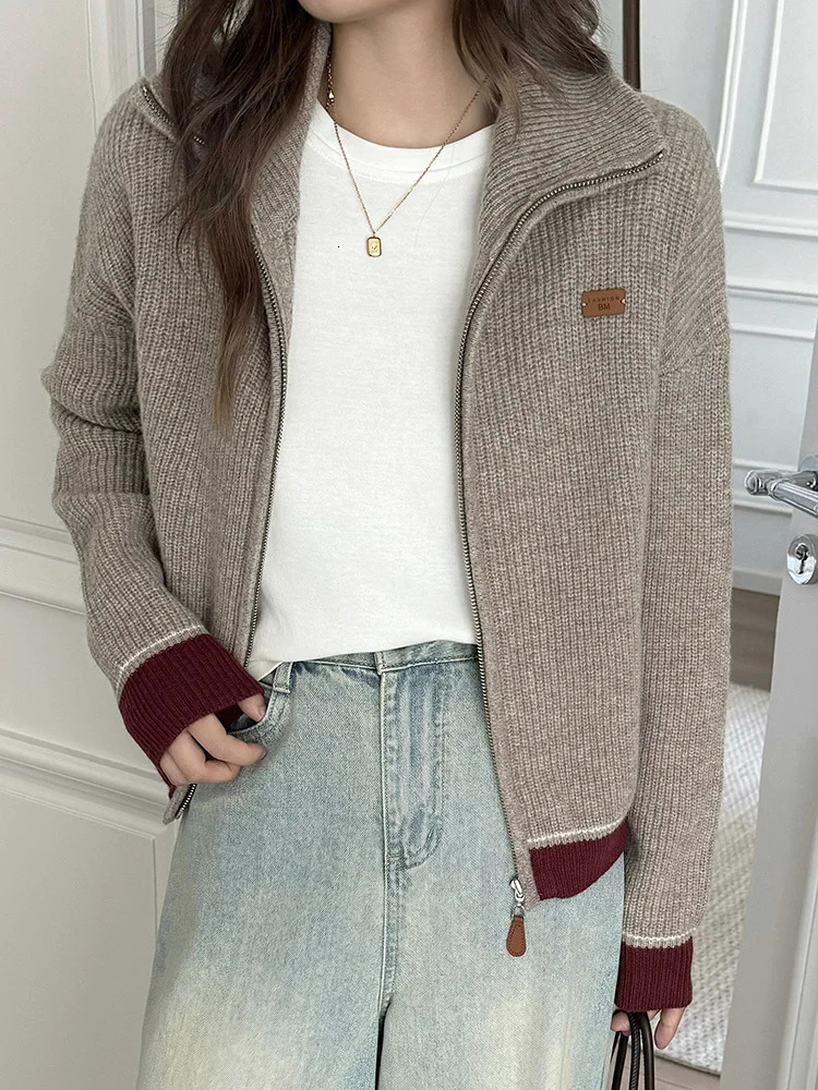 Autumn Winter Women 100% Merino Wool Knitwear Cardigan Sweater Clashing Color Zip-up Cashmere Sweater Versatile Warm Long Sleeve 250801