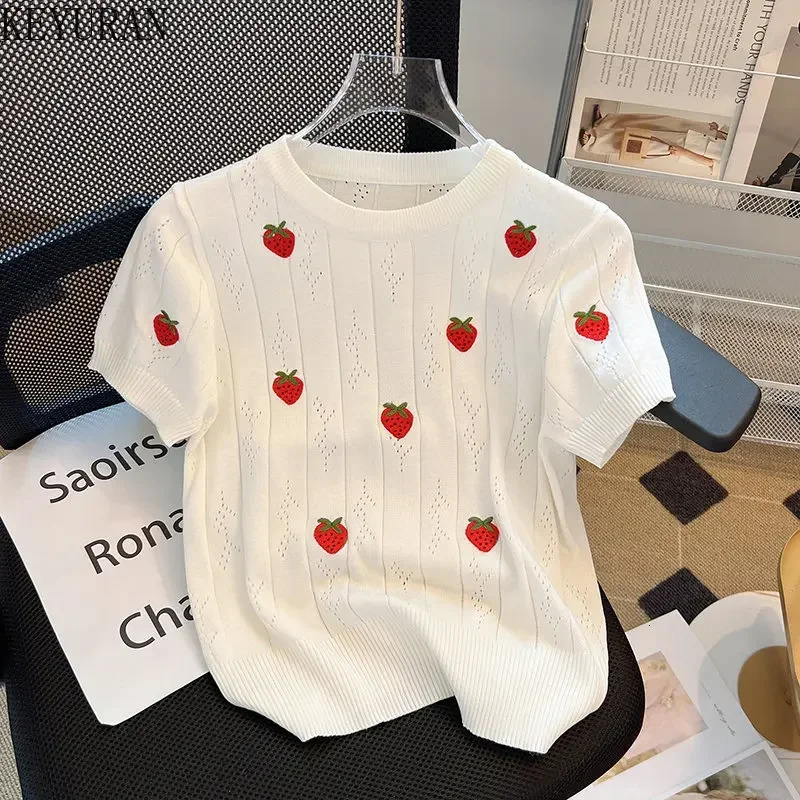Summer Strawberry Embroidery Hollow Out Sweater Women Knitted T-Shirt White Short Sleeve Thin Knitwear Tops Tees Female 250801