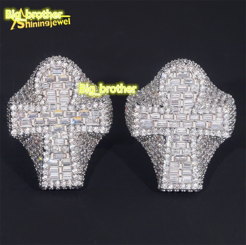 Fine Iced Out Baguette Hip Hop Jewelry Ring Custom Brass With 5A Cubic Zirconia Diamond Rhodium Plated Unisex Cross Ring for Men