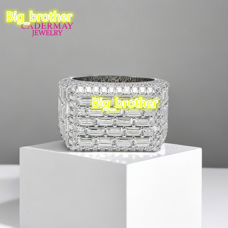 Cadermay HipHop Jewelry Silver 925 Moissanite Rings Iced Out VVS Baguette Emerald Cut Moissanite Ring Men