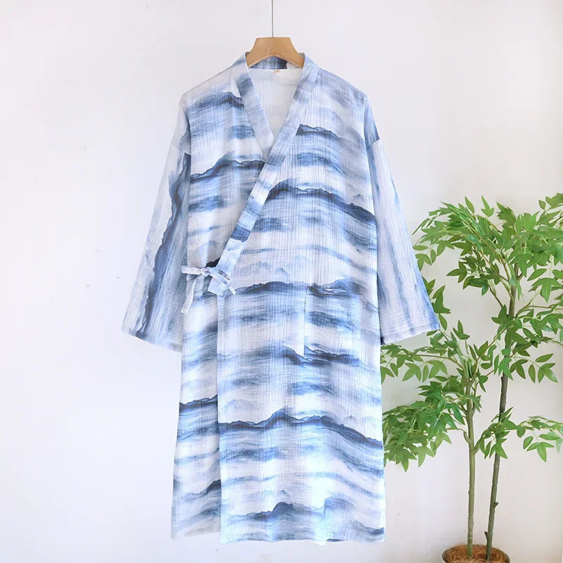 Kimono Light Blue Printing Robes for Mens Spring and Summer Thin Cotton Mens Lace Up Yukata Plus Size Bath Robe 250801
