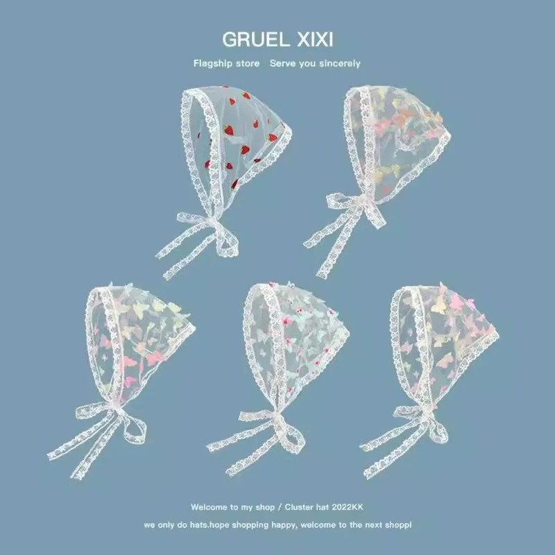 Dopamine Butterfly Decoration French Lace Triangular Hair Scarf for Women Spring and Summer Travel Versatile Mesh Headscarf 250805