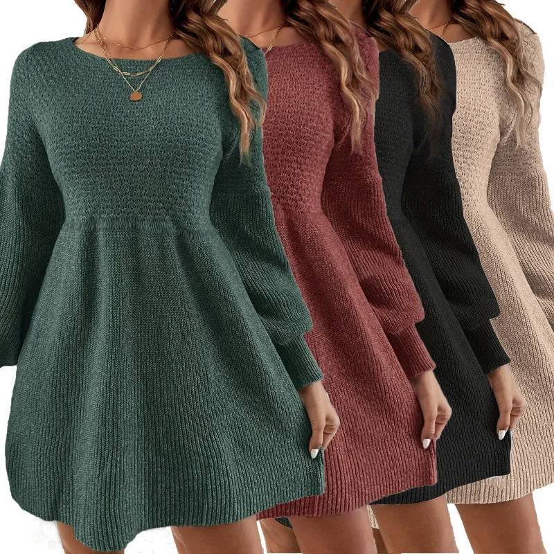 Womens round Neck Sweater Dress X7143 Autumn Winter Lantern Sleeve Fashion Commute Dress Comfortable Soft Material Dress250804