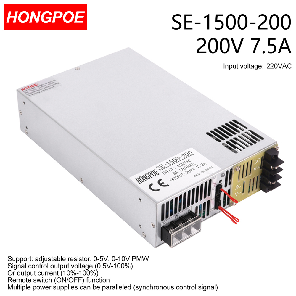 1500W 0-200V SMPS CE Certified Adjustable AC-DC Power Supply with 0-5V/0-10V PLC/PMW Signal Control, 200V/7A Transformer for Motor/Battery/Solar-image-1109295877