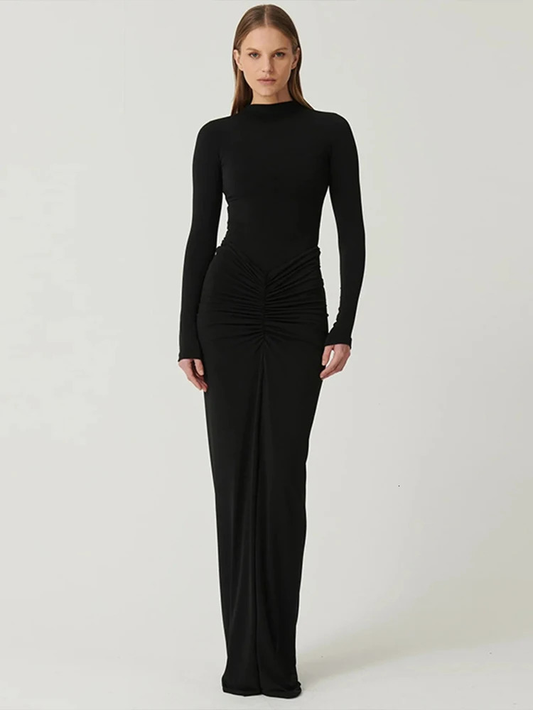Autumn Women Dresses Streetwear Solid Sexy Fashion Folds O-Neck Long Sleeves Casual Slim Maxi Dresses Elegant Knitted Dress250804