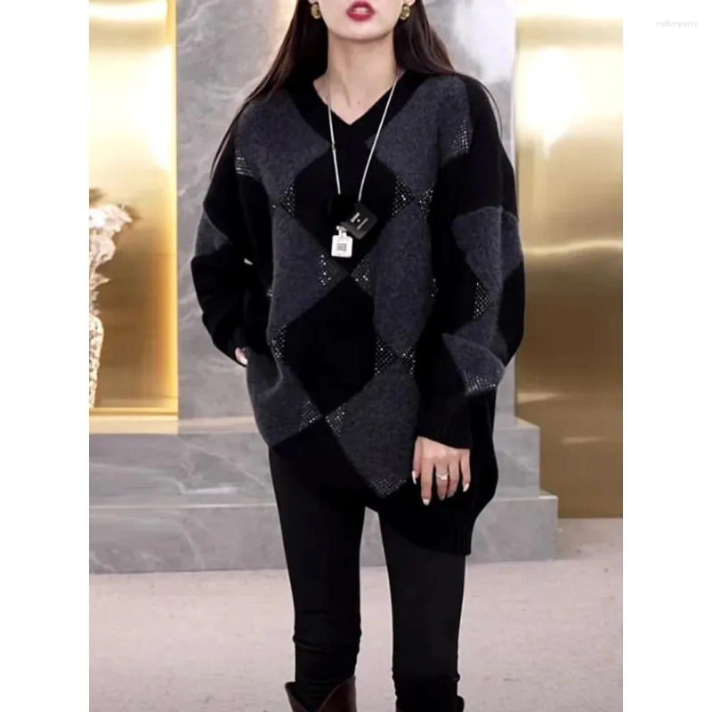 Women's Sweaters Ironing Diamond Tops Fashionable Pullover Knit Sweater Autumn And Winter Bat-shaped Mid-length V-neck Elegant Versatile Top