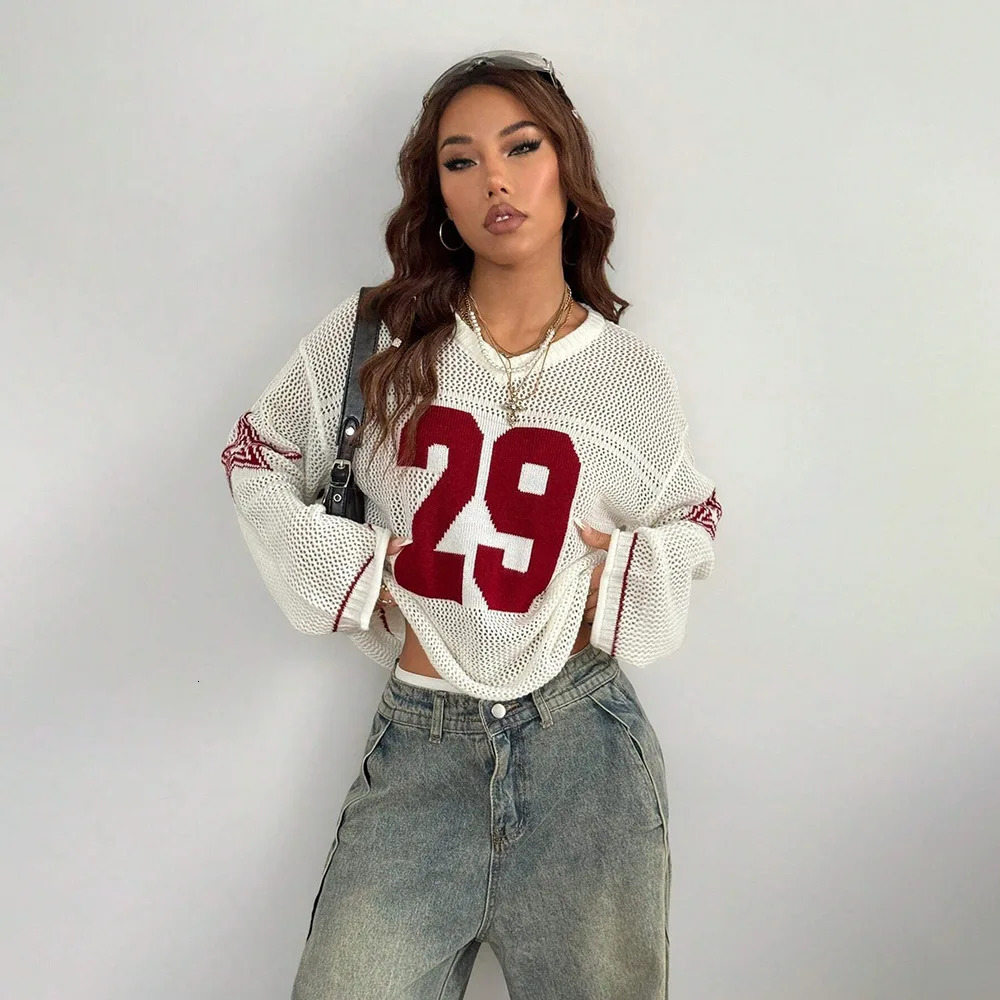 Y2K Style Sports Womens Knitted Tops Fashionable Digital Printed Round Neck Long Sleeve Jumper Summer Street Trend 250801