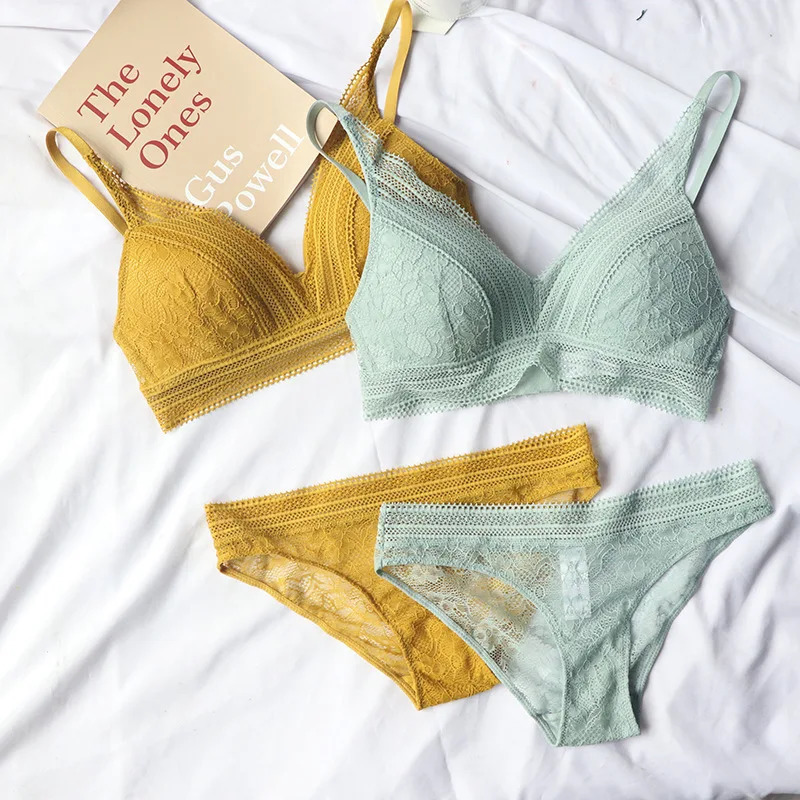 Women 4 Colour Underwear French Wire-Free Ultra-thin Bralette Sexy Lace Triangle Cup Push Up Bra Set Cotton Bra and Panties 250804