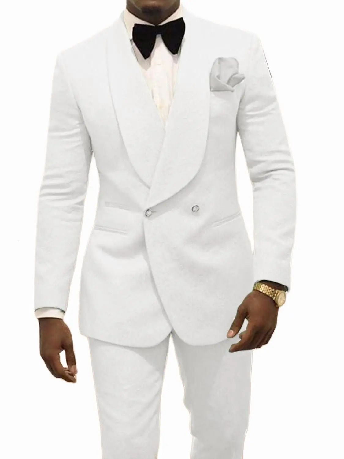 Custom Pour Hommes Made Groomsmen White Pattern Groom Tuxedos Shawl Lapel Suits 2PCS Wedding JacketPants Costume Homme 250807