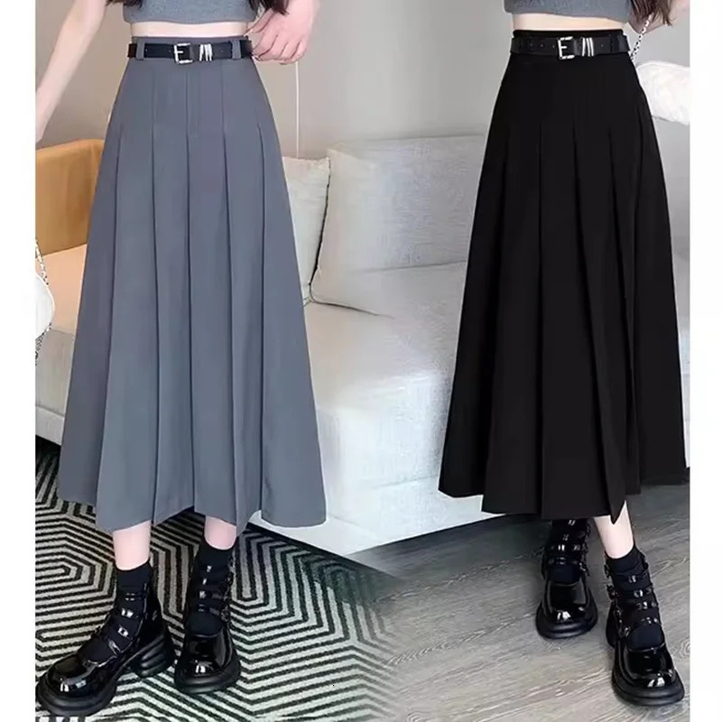 2024 Women Vintage Solid Color JK Long Skirts Girls Elegant Comfortable Leisure Dress Female Sweet A Line Zipper Pleated Skirts250804