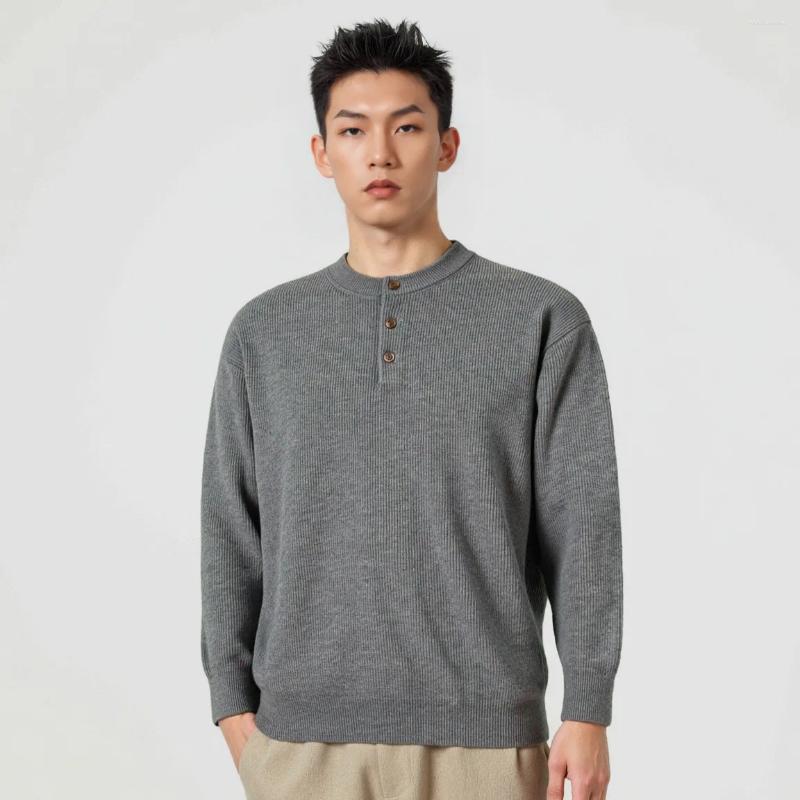 Men's Sweaters 2025 Autumn Henry Collar Pullover Men Solid Color Knitted Sweater Loose Casual Top Winter Clothing Gray Black