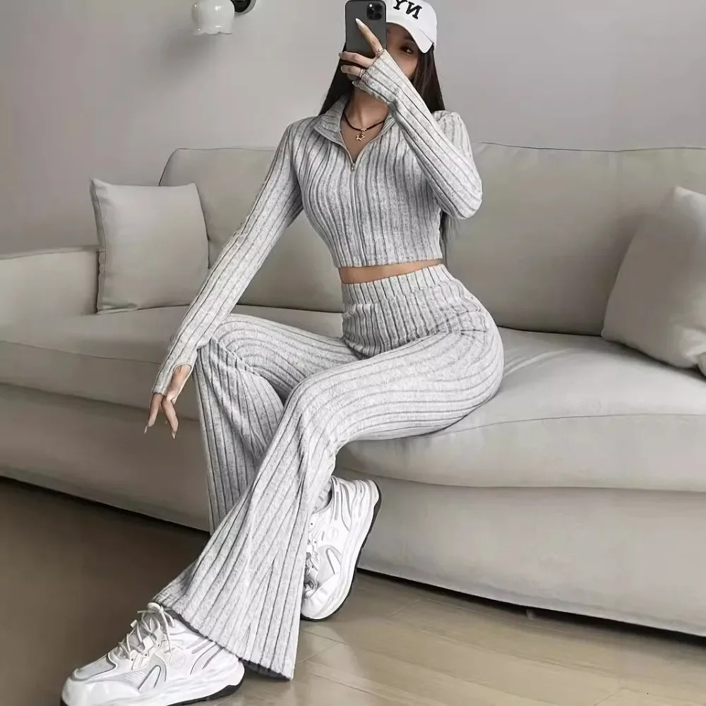 Fashion Solid Color Knitting Pants Sets Women Slim Long Sleeve High Neck Cropped Top High Waist Trousers Two Piece Set Female 250801