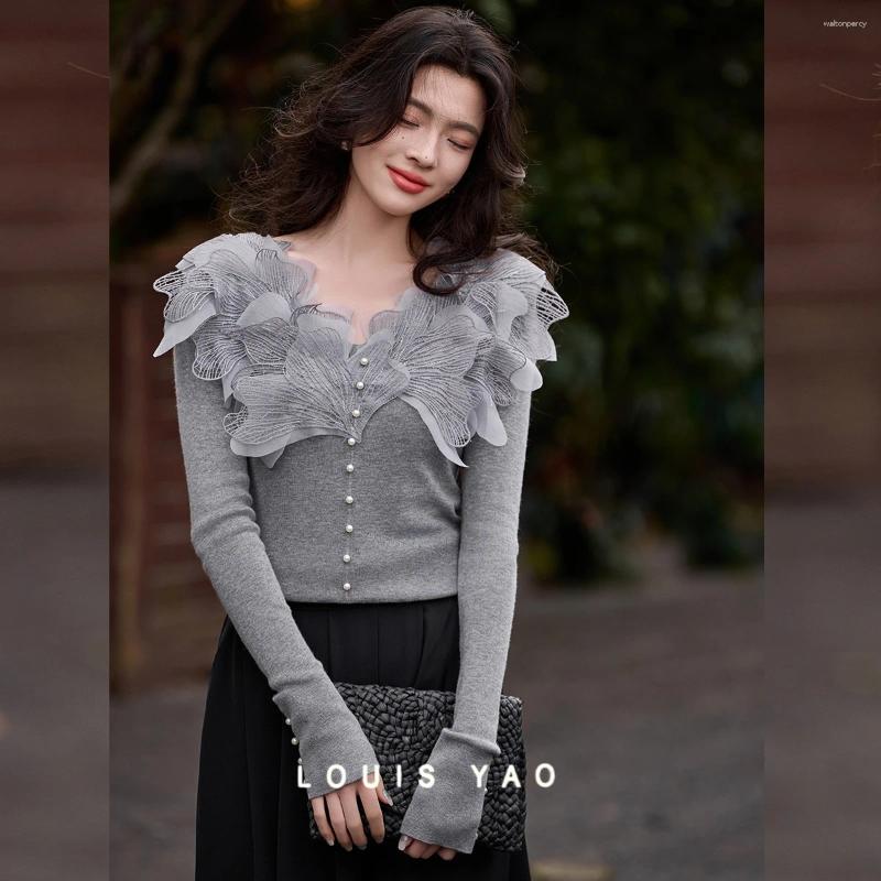 Women's Sweaters YAO Fashionable Novel Patchwork Top 2025 Spring Elegant Floral V-Neck Decorative Pullover Long-Sleeve Knitwear