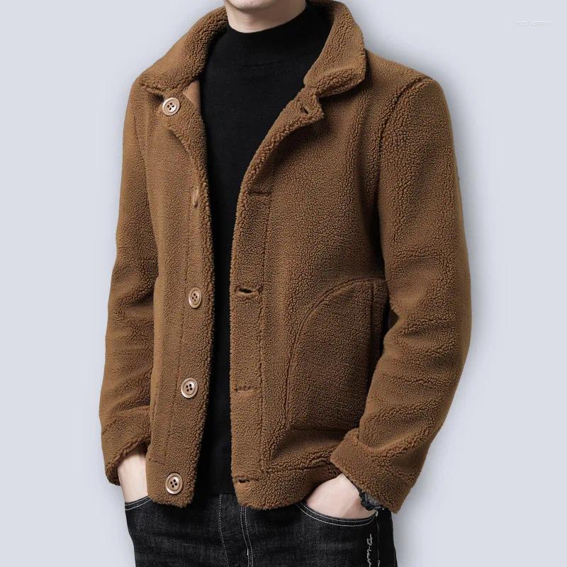 Men's Wool 2025 Winter Faux Fur Woolen Coat Men Turn Down Collar Button Black Brown Casual Jacket Outwear Thickening Plus Size Overcoat
