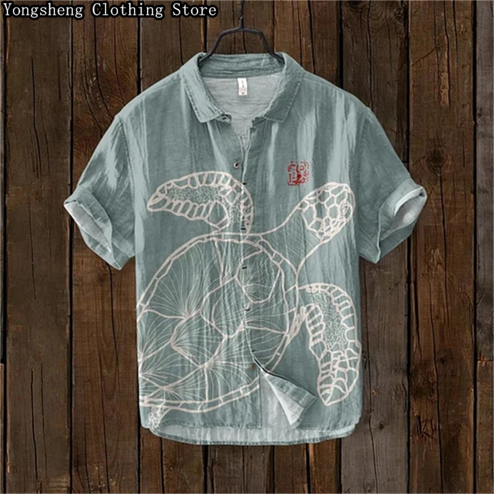 Mens shortsleeved linen printed shirt 2024 European and American selling holiday daily casual clothing large size XS5XL 250731