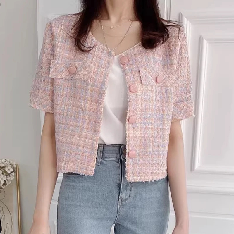 Chic Pink Tweed Little Fragrance Coat Womens Summer Short Sleeved Jacket Korean Fashion Elegant Female Outerwear Tops 250801