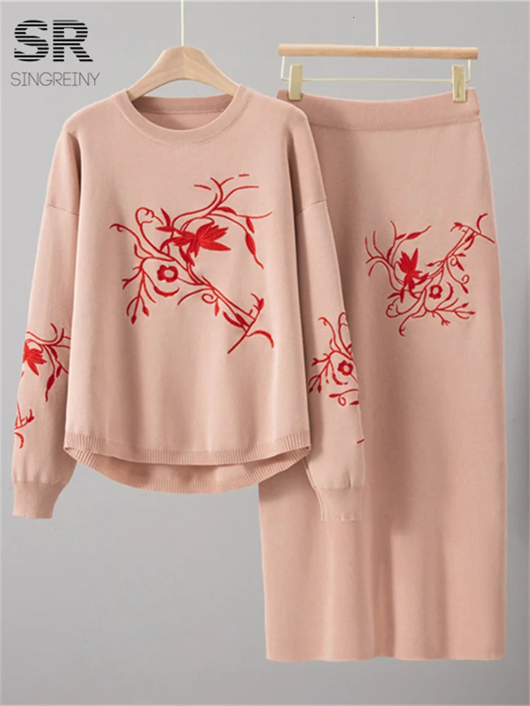 SINGREINY Autumn Embroidered Knitted Suits Women Long Sleeve O Neck PulloverBodycon Skirt High Quality Loose Winter 2pcs Sets 250801