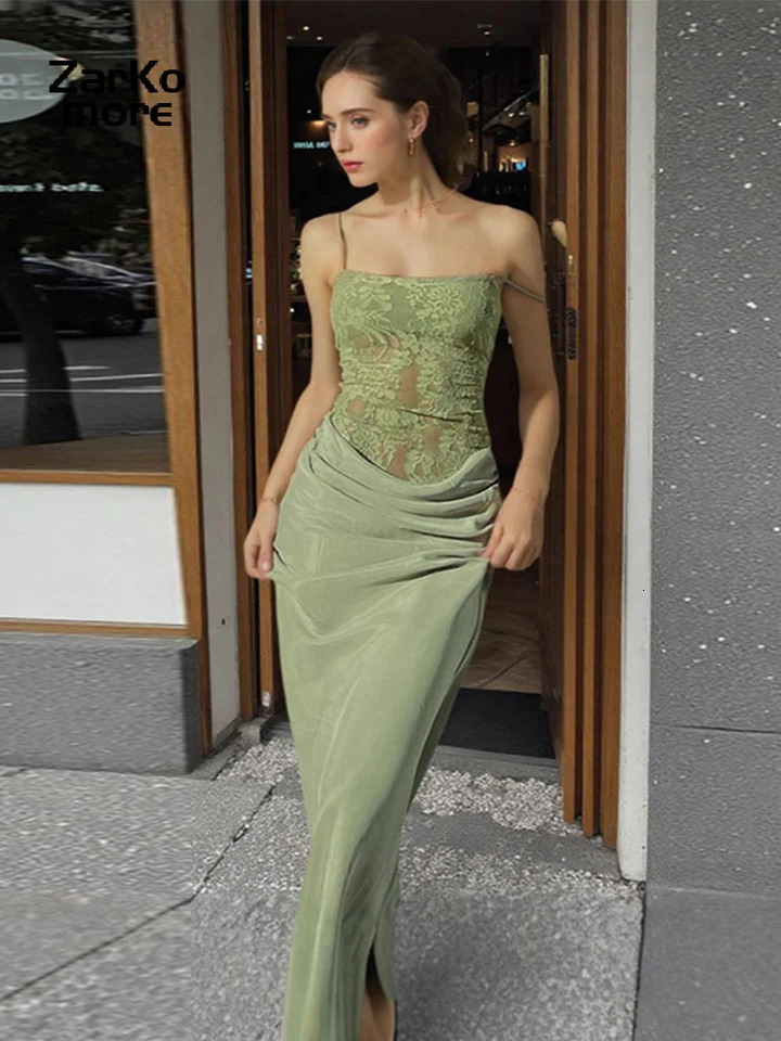Sexy Lace Sling Hip Package Dresses Women Sleeveless Backless Maxi Party Dress Summer Lady Pleated High Waist Holiday Robes 250801