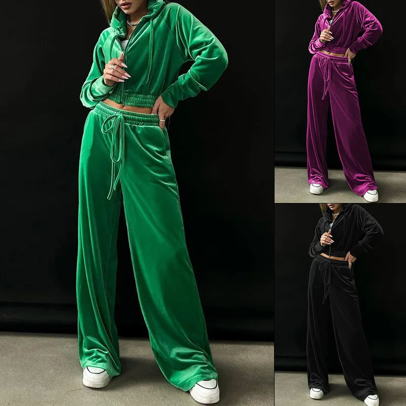 Autumn And Winter Womens Fashion Green Hoodie Gold Velvet Long Sleeve Zipper Short Top Sports And Leisure Pants 2-piece Set 250801