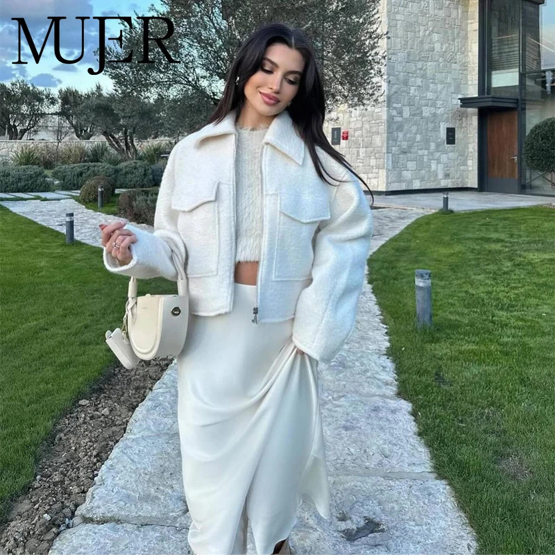 MUJER White Tweed Jacket Women Cropped Bomber Jackets for Women Long Sleeve Zipper Jacket Woman Autumn Streetwear Outerwears 250801