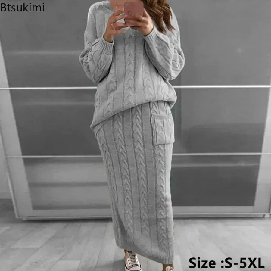 Womens Knitted 2 Pieces Dress Sets for Winter Long Sleeve Pullovers Sweater TopKnitted Skirts Suits Sets Warm Sets Female 250801