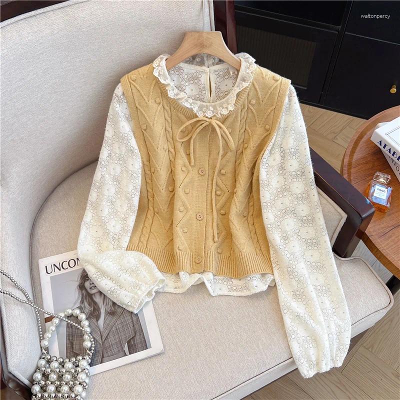 Women's Sweaters Bow Knit Cardigan Sweater Harajuku Vintage 2000s Y2k Lace Shirt 2 Piece Set Soft Cozy Cashmere Autumn