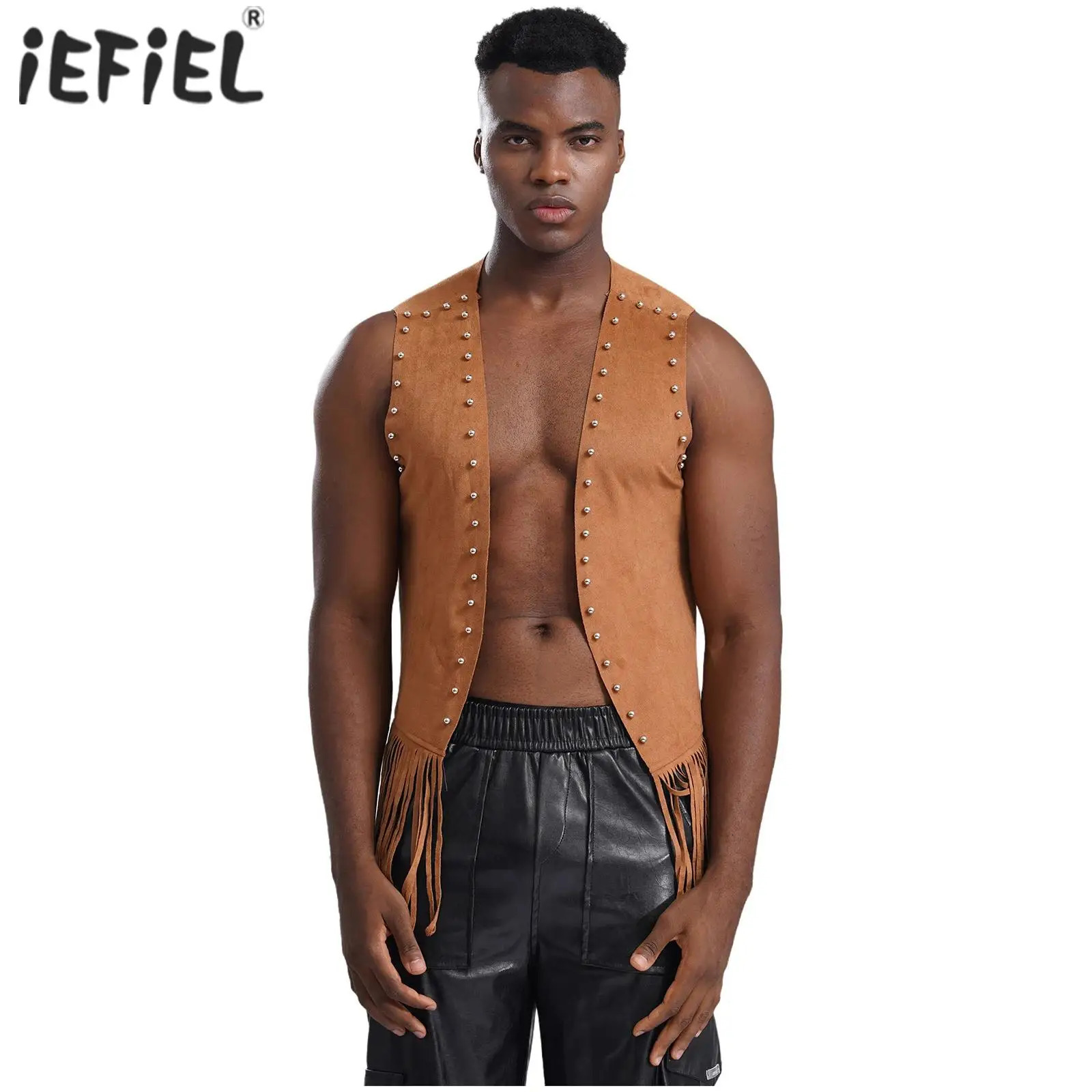 Mens Cowboy Cosplay Vest Plus Size Loose Fringe Waistcoat Faux Suede Rivets Sleeveless Tassel Jacket Fashionable Coat Costume 250801