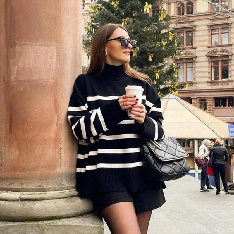 Women's Sweaters 2025 Knitted Long Sleeve Sweater Women Turtletneck Stripe Pullover Top Female Autumn Winter Casual Basic Loose