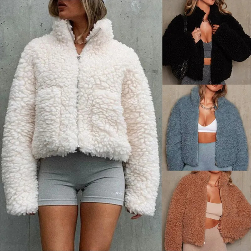 Casual stand up collar zipper pocket long sleeved Lamb Wool jacket autumn and winter womens fashionable warm short solid coat 250801
