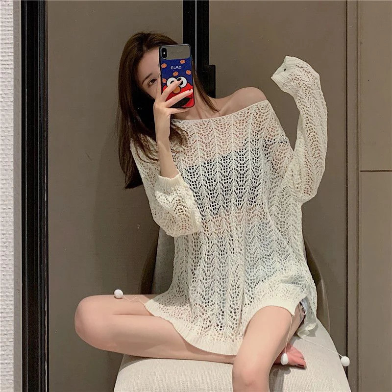 Sexy Hollow Out Crochet Sweater Women Y2K Thin Side Slits Long Sleeve Sun Protection Pullovers Korean Loose Hole Boho Beach Tops 250801