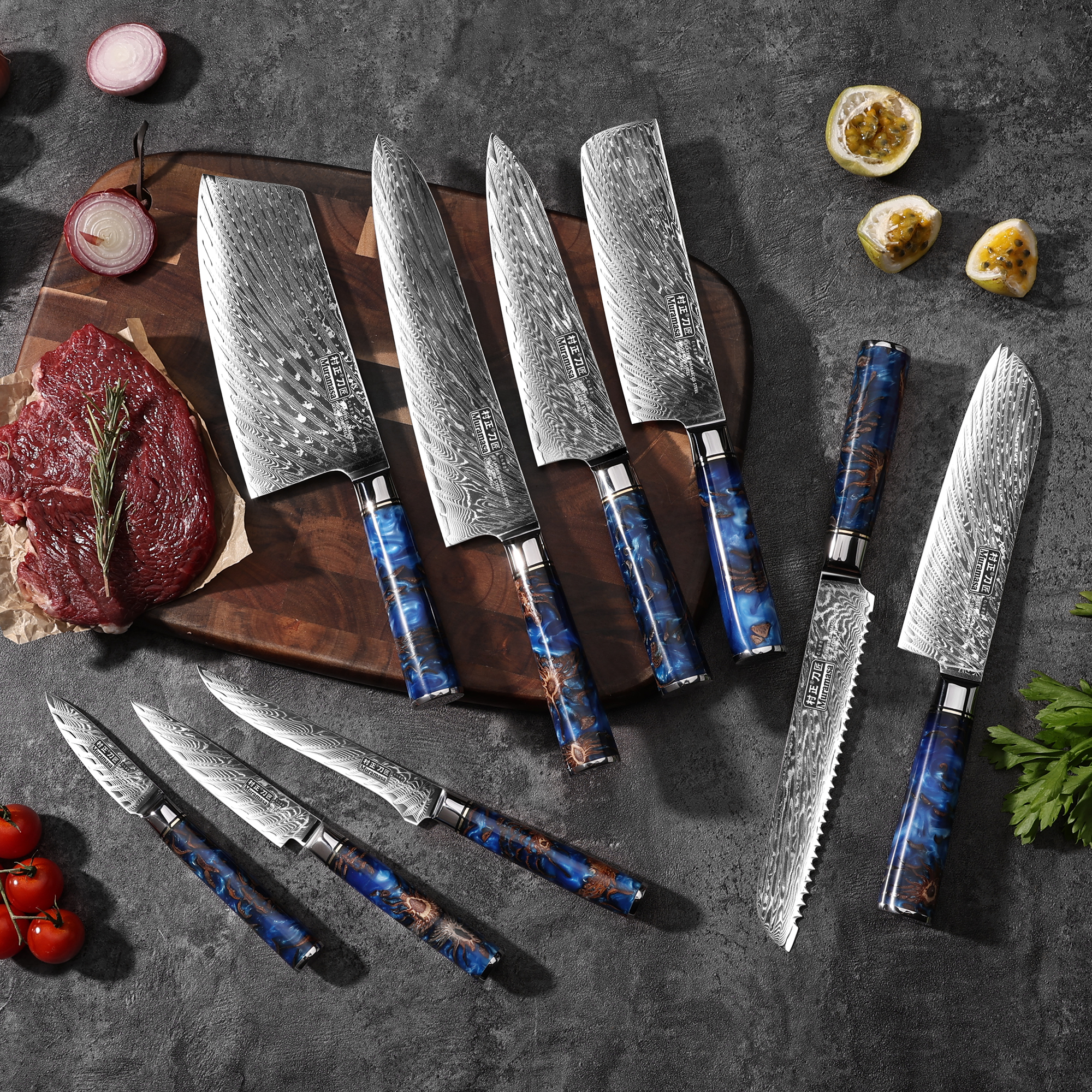 Knives 316L Damascus steel +VG-10 steel core kitchen knife set of 9 pieces, sharp kitchen knife, slicing knife, Japanese chef knife SSY-M01-image-1070159880