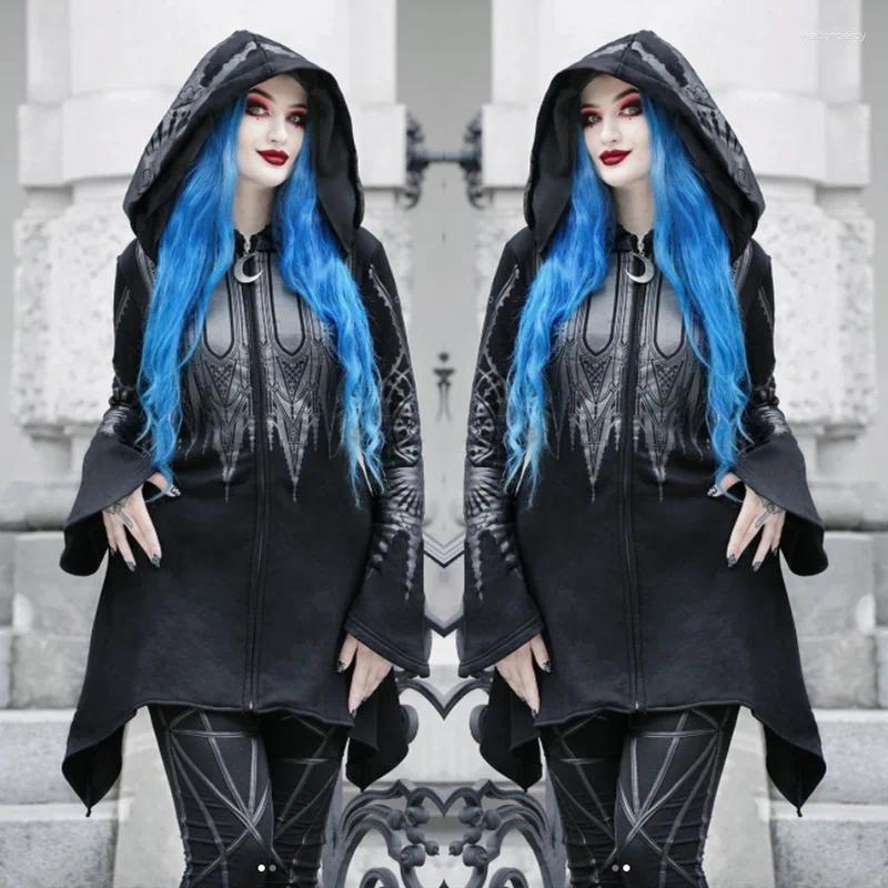 Women's Hoodies 2025 Autumn Ladies Punk Style Black Long Hooded Printed Sweatshirt Fashionable Casual Jacket