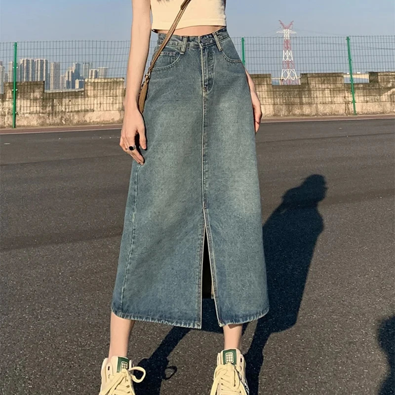 Summer High-waist Slit Denim Skirt For Women Washed Retro A- line Skirt Hip-covering Straight Long Skirt250801