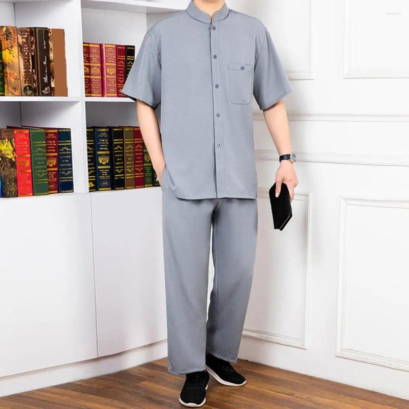 Men's Tracksuits 2Pcs/Set Men Suit Stand Collar Short Sleeve Single Breasted Shirt Elastic Waist Long Pants Set Solid Color Loose Leisure