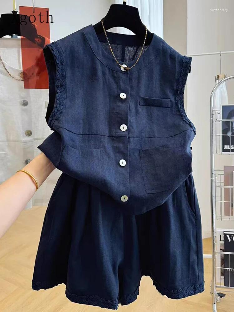 Women's Tracksuits Xgoth Summer Women Clothing Loose Casual Sleeveless Shirt Vest Top Wide Leg Shorts Set Linen Solid Two Piece Outfits