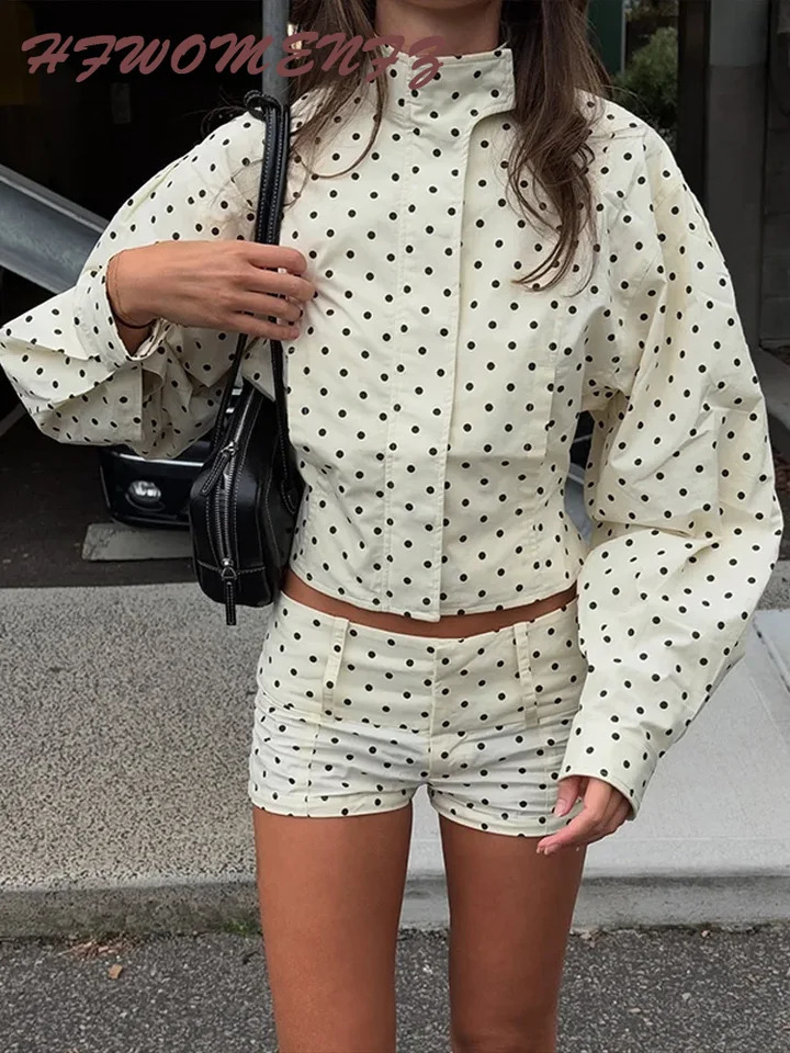 Polka Dots Print Jacket Shorts Set Womens Casual Full Sleeve Zipper Stand Collar Coat Slim Short Pants Autumn Outfit 250801