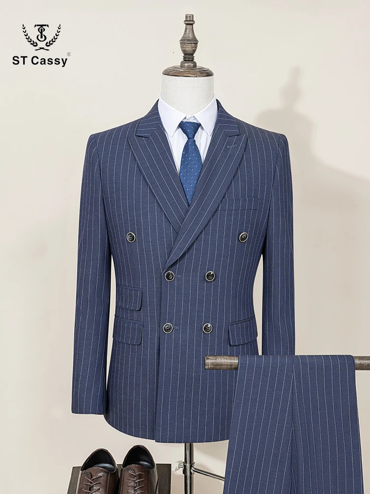 ST Cassy Men Striped suit Double Breasted High-end Formal Business Slim Fit Coat Pants 2 Pieces Set Fashionable and Casual 250801